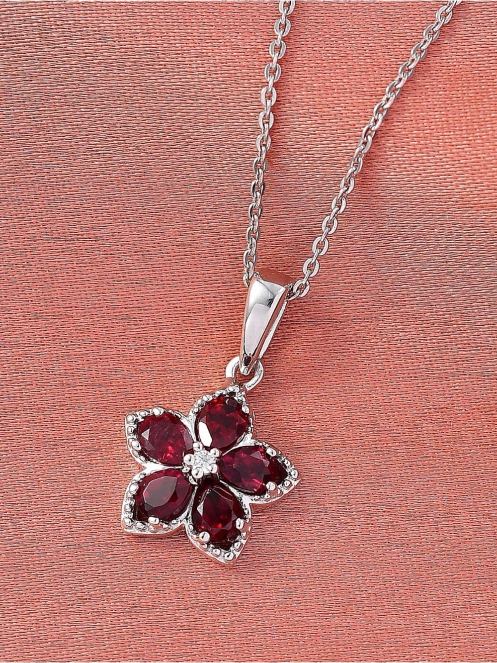 Sterling Silver RARE Anthill Garnet Red Flower Pendant & Chain